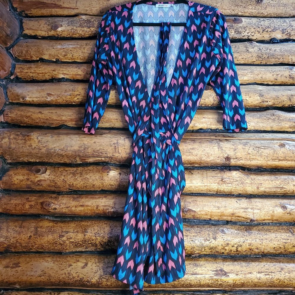 JustFab 3/4 Sleeve Wrap Crossover Dress - Black w/ Navy, Blue & Pink in Medium
